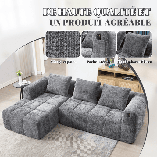 Sofá de Canto Modular em Chenille com Chaise Longue e Bolsos (INFINITEMOMEN) Sofá de Canto Modular em Chenille com Chaise Longue e Bolsos (INFINITEMOMEN)
