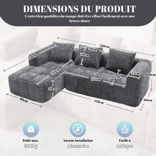 Sofá de Canto Modular em Chenille com Chaise Longue e Bolsos (INFINITEMOMEN) Sofá de Canto Modular em Chenille com Chaise Longue e Bolsos (INFINITEMOMEN)