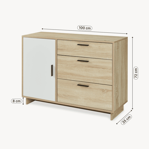 Aparador Kenta 3 gavetas y 2 portas 100x35x72 cm Sonoma carvalhobranco en.casa