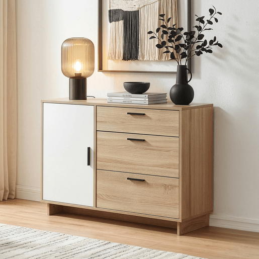 Aparador Kenta 3 gavetas y 2 portas 100x35x72 cm Sonoma carvalhobranco en.casa