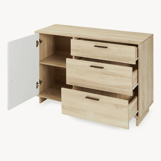 Aparador Kenta 3 gavetas y 2 portas 100x35x72 cm Sonoma carvalhobranco en.casa