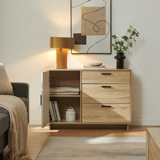 Aparador Kenta 3 gavetas y 2 portas 100x35x72 cm Sonoma carvalhobranco en.casa