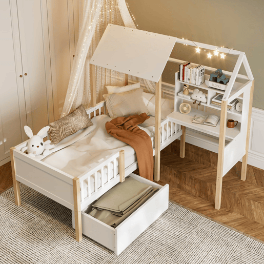 Cama infantil 90x200 cm - Com proteção contra quedas, secretária em L, estante, gavetas com rodas - Branco