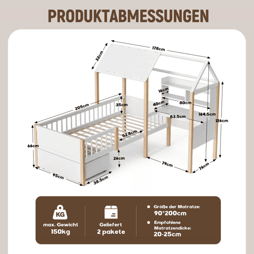 Cama infantil 90x200 cm - Com proteção contra quedas, secretária em L, estante, gavetas com rodas - Branco