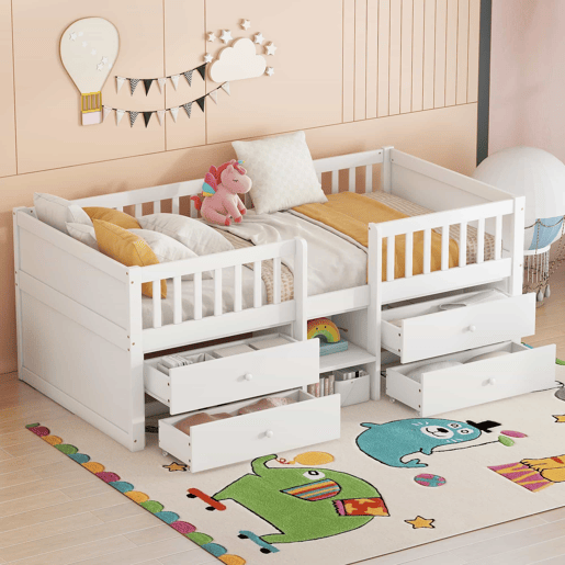 Cama de criança em madeira maciça 90x200cm - com 4 gavetas - Branco (colchão não incluído) Cama de criança em madeira maciça 90x200cm - com 4 gavetas - Branco (colchão não incluído)