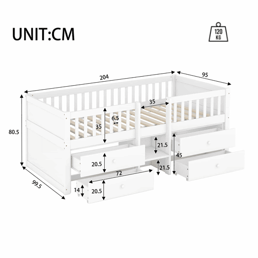 Cama de criança em madeira maciça 90x200cm - com 4 gavetas - Branco (colchão não incluído) Cama de criança em madeira maciça 90x200cm - com 4 gavetas - Branco (colchão não incluído)