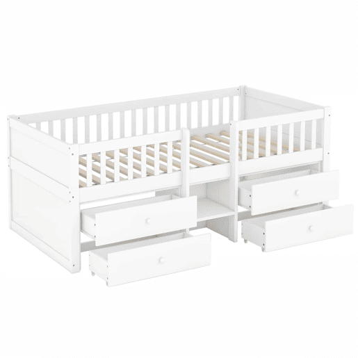 Cama de criança em madeira maciça 90x200cm - com 4 gavetas - Branco (colchão não incluído) Cama de criança em madeira maciça 90x200cm - com 4 gavetas - Branco (colchão não incluído)