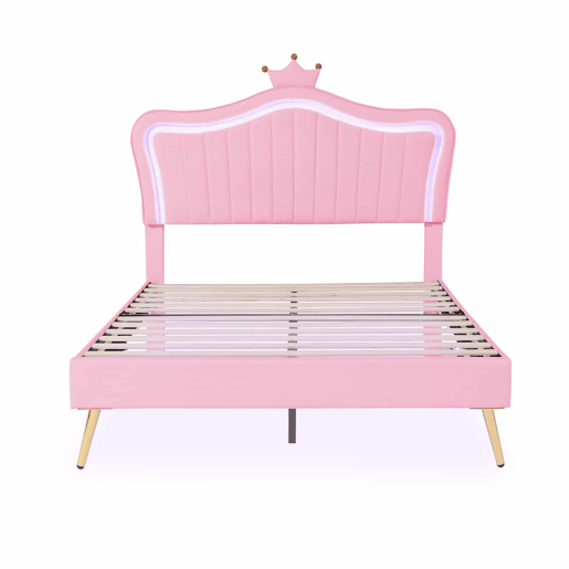 Cama infantil 140 x 200 cm - Estrutura com coroas cor-de-rosa, LED, cabeceira e estrado - Cor-de-rosa