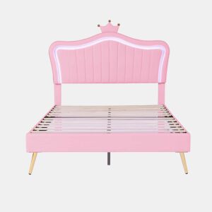 Cama infantil 140 x 200 cm - Estrutura com coroas cor-de-rosa, LED, cabeceira e estrado - Cor-de-rosa