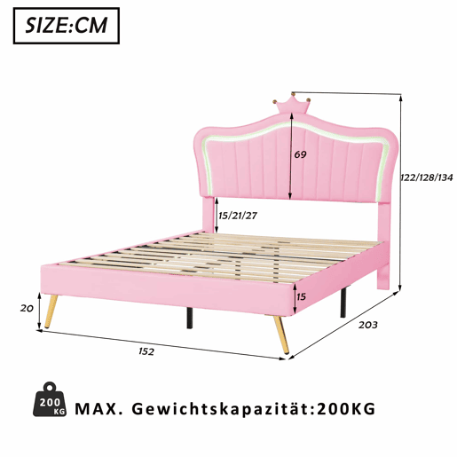 Cama infantil 140 x 200 cm - Estrutura com coroas cor-de-rosa, LED, cabeceira e estrado - Cor-de-rosa