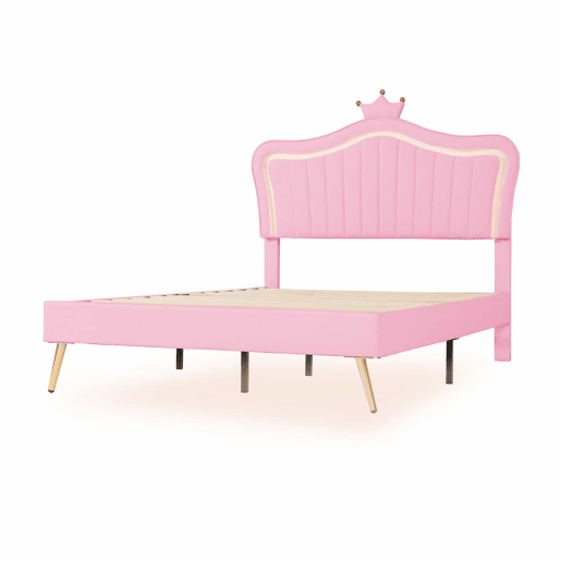 Cama infantil 140 x 200 cm - Estrutura com coroas cor-de-rosa, LED, cabeceira e estrado - Cor-de-rosa