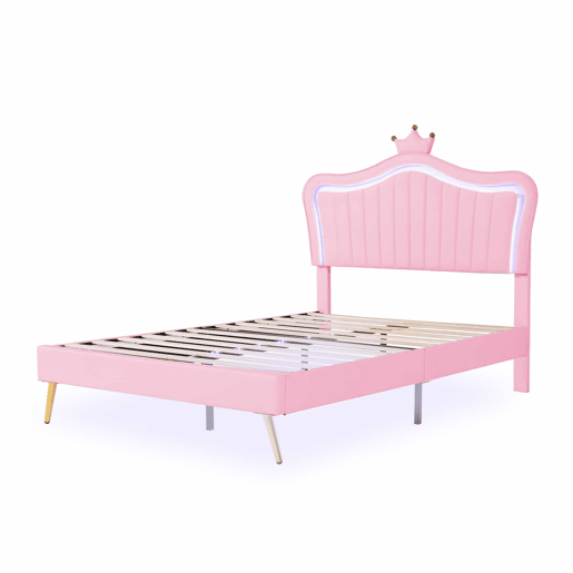 Cama infantil 140 x 200 cm - Estrutura com coroas cor-de-rosa, LED, cabeceira e estrado - Cor-de-rosa