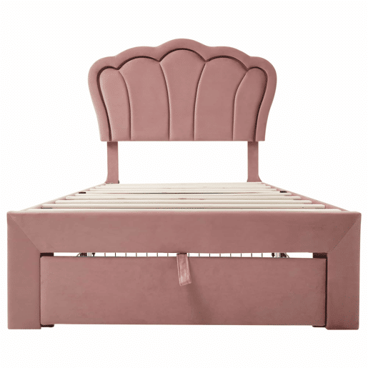 Cama de criança 90x200 cm em veludo com gavetas e controlo APP LED - Rosa Cama de criança 90x200 cm em veludo com gavetas e controlo APP LED - Rosa