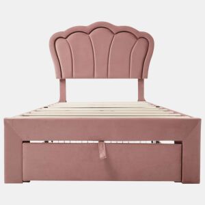 Cama de criança 90x200 cm em veludo com gavetas e controlo APP LED - Rosa