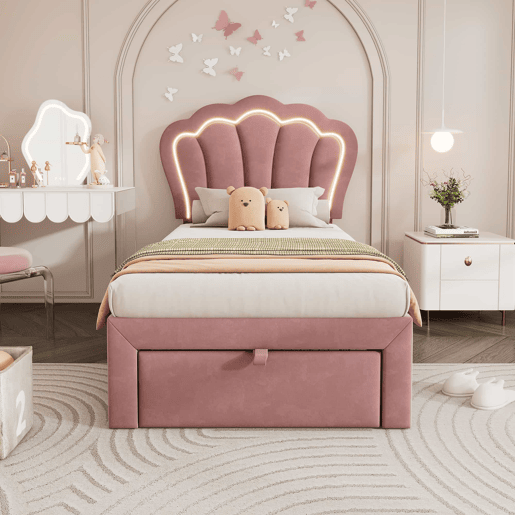 Cama de criança 90x200 cm em veludo com gavetas e controlo APP LED - Rosa Cama de criança 90x200 cm em veludo com gavetas e controlo APP LED - Rosa