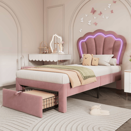 Cama de criança 90x200 cm em veludo com gavetas e controlo APP LED - Rosa Cama de criança 90x200 cm em veludo com gavetas e controlo APP LED - Rosa