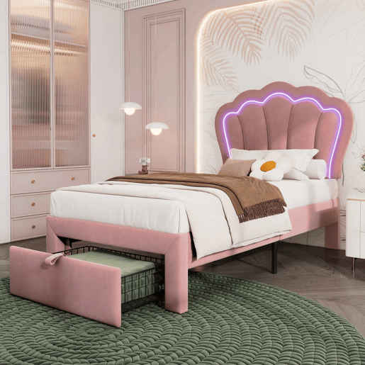 Cama de criança 90x200 cm em veludo com gavetas e controlo APP LED - Rosa Cama de criança 90x200 cm em veludo com gavetas e controlo APP LED - Rosa