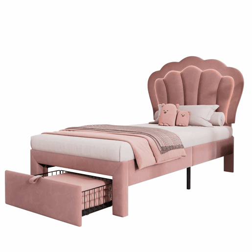 Cama de criança 90x200 cm em veludo com gavetas e controlo APP LED - Rosa Cama de criança 90x200 cm em veludo com gavetas e controlo APP LED - Rosa