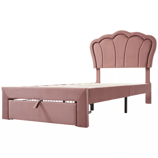 Cama de criança 90x200 cm em veludo com gavetas e controlo APP LED - Rosa Cama de criança 90x200 cm em veludo com gavetas e controlo APP LED - Rosa