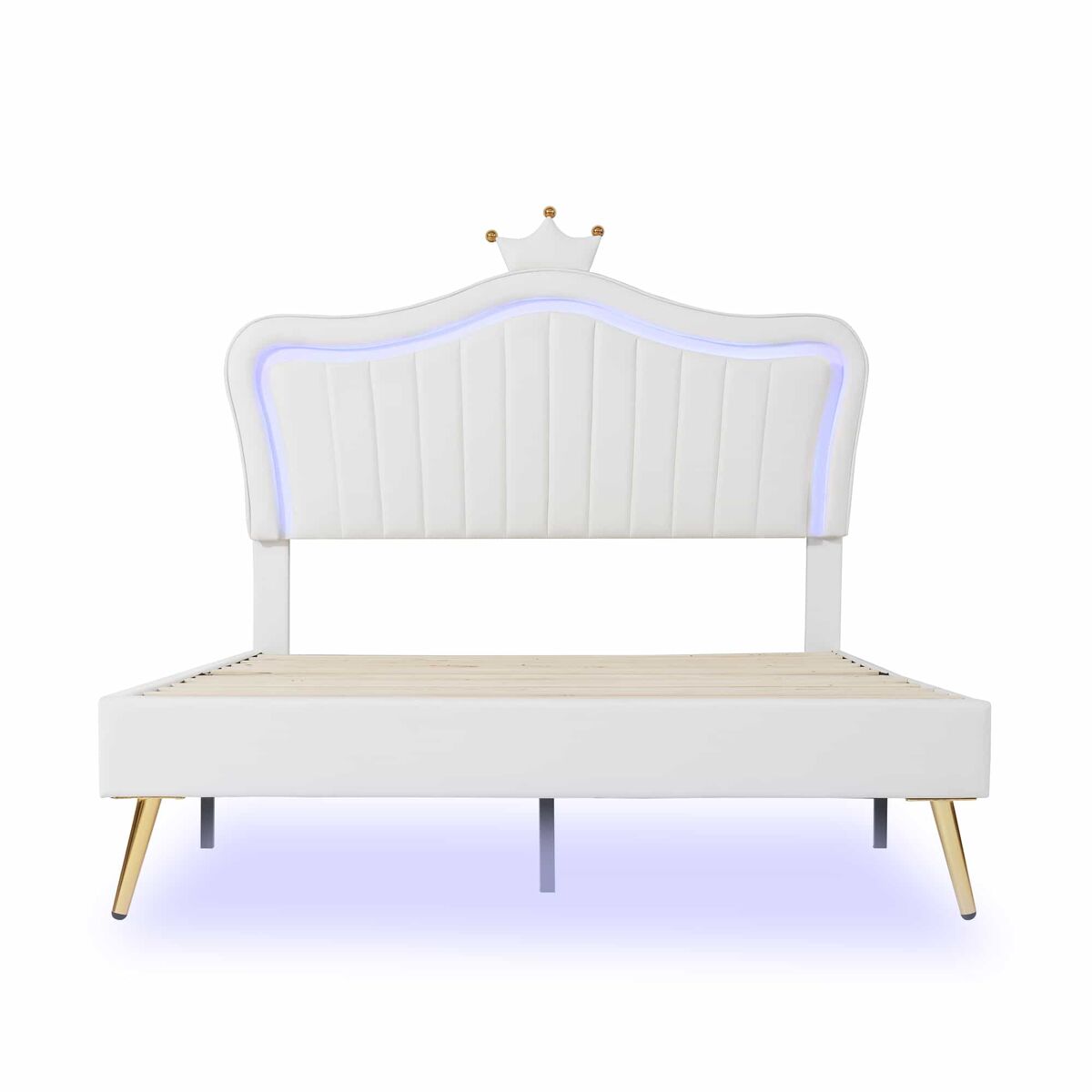 Cama infantil 140x200cm en símil piel con led + cabecero regulable + somier - blanco