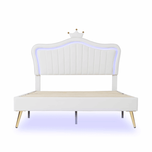 Cama de criança 140x200cm em pele sintética com LED + cabeceira regulável + estrado - Branco