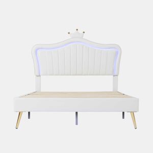 Cama de criança 140x200cm em pele sintética com LED + cabeceira regulável + estrado - Branco