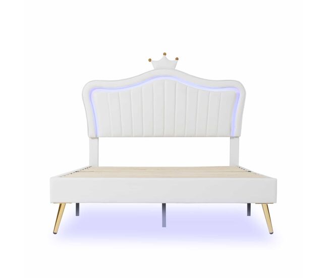 Cama infantil 140x200cm en símil piel con led + cabecero regulable + somier - blanco