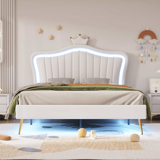 Cama de criança 140x200cm em pele sintética com LED + cabeceira regulável + estrado - Branco