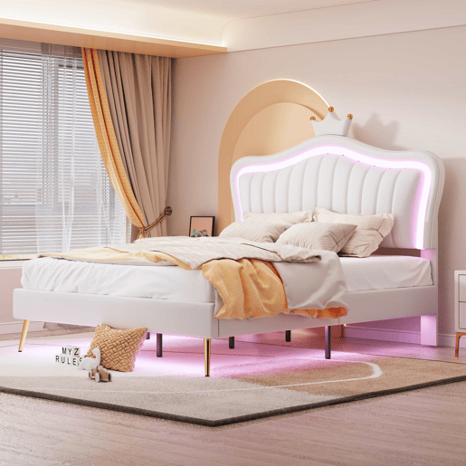Cama de criança 140x200cm em pele sintética com LED + cabeceira regulável + estrado - Branco