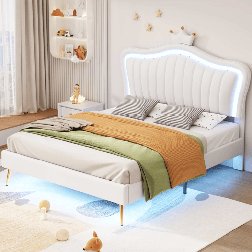 Cama de criança 140x200cm em pele sintética com LED + cabeceira regulável + estrado - Branco