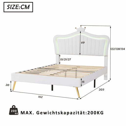 Cama de criança 140x200cm em pele sintética com LED + cabeceira regulável + estrado - Branco