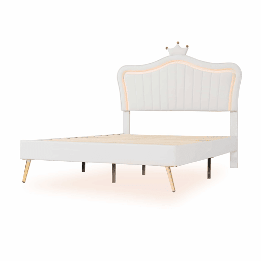 Cama de criança 140x200cm em pele sintética com LED + cabeceira regulável + estrado - Branco