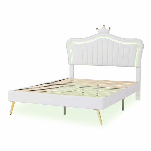 Cama de criança 140x200cm em pele sintética com LED + cabeceira regulável + estrado - Branco