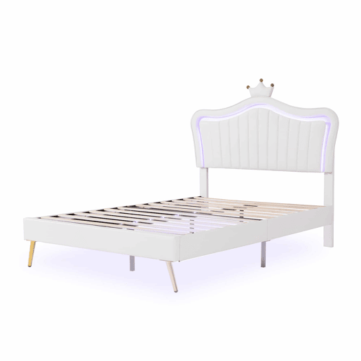 Cama de criança 140x200cm em pele sintética com LED + cabeceira regulável + estrado - Branco
