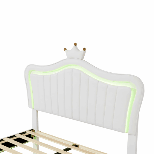 Cama de criança 140x200cm em pele sintética com LED + cabeceira regulável + estrado - Branco