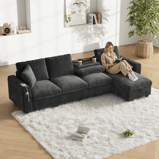 Chaise longue 4 lugares fixa reversível de tecido com armazenamento,cinza