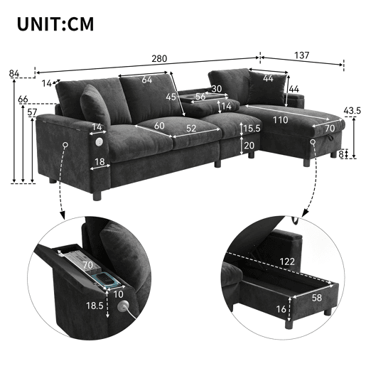 Chaise longue 4 lugares fixa reversível de tecido com armazenamento,cinza