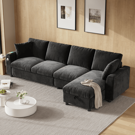 Chaise longue 4 lugares fixa reversível de tecido com armazenamento,cinza