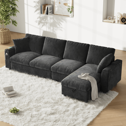 Chaise longue 4 lugares fixa reversível de tecido com armazenamento,cinza