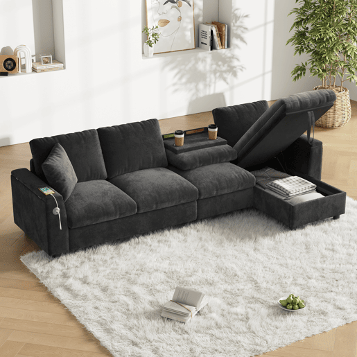 Chaise longue 4 lugares fixa reversível de tecido com armazenamento,cinza