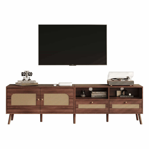 Móvel para TV 200x37x49,5 cm - Com 2 portas de rattan, 2 gavetas, Lowboard com 8 pés - Castanho