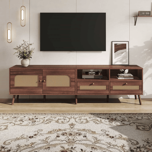 Móvel para TV 200x37x49,5 cm - Com 2 portas de rattan, 2 gavetas, Lowboard com 8 pés - Castanho