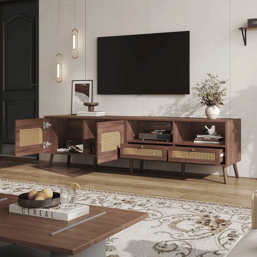 Móvel para TV 200x37x49,5 cm - Com 2 portas de rattan, 2 gavetas, Lowboard com 8 pés - Castanho