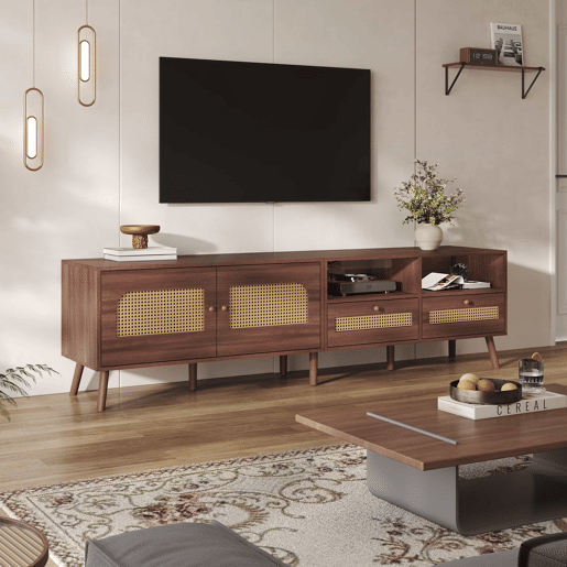 Móvel para TV 200x37x49,5 cm - Com 2 portas de rattan, 2 gavetas, Lowboard com 8 pés - Castanho