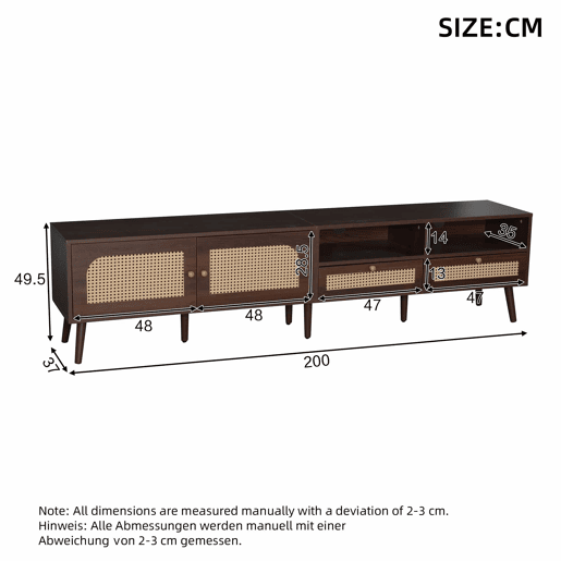 Móvel para TV 200x37x49,5 cm - Com 2 portas de rattan, 2 gavetas, Lowboard com 8 pés - Castanho