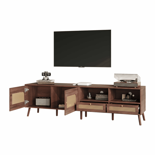 Móvel para TV 200x37x49,5 cm - Com 2 portas de rattan, 2 gavetas, Lowboard com 8 pés - Castanho