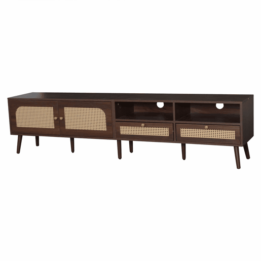 Móvel para TV 200x37x49,5 cm - Com 2 portas de rattan, 2 gavetas, Lowboard com 8 pés - Castanho
