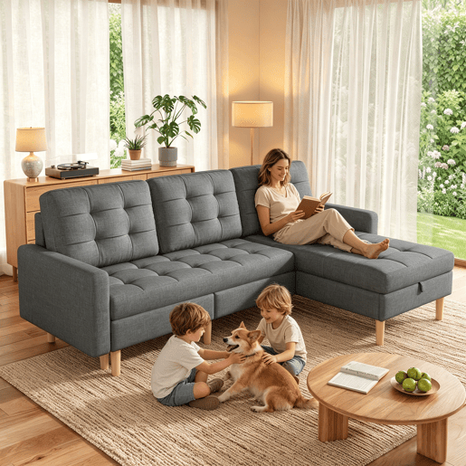 Chaise longue 3 lugares fixa reversÃvel de tecido com armazenamento,cinza Chaise longue 3 lugares fixa reversÃvel de tecido com armazenamento,cinza