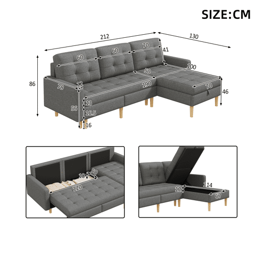 Chaise longue 3 lugares fixa reversÃvel de tecido com armazenamento,cinza Chaise longue 3 lugares fixa reversÃvel de tecido com armazenamento,cinza