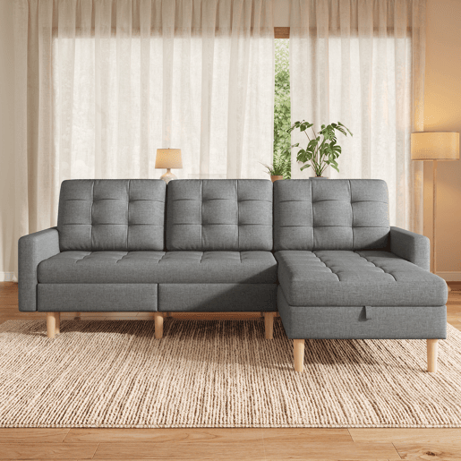 Chaise longue 3 lugares fixa reversÃvel de tecido com armazenamento,cinza Chaise longue 3 lugares fixa reversÃvel de tecido com armazenamento,cinza